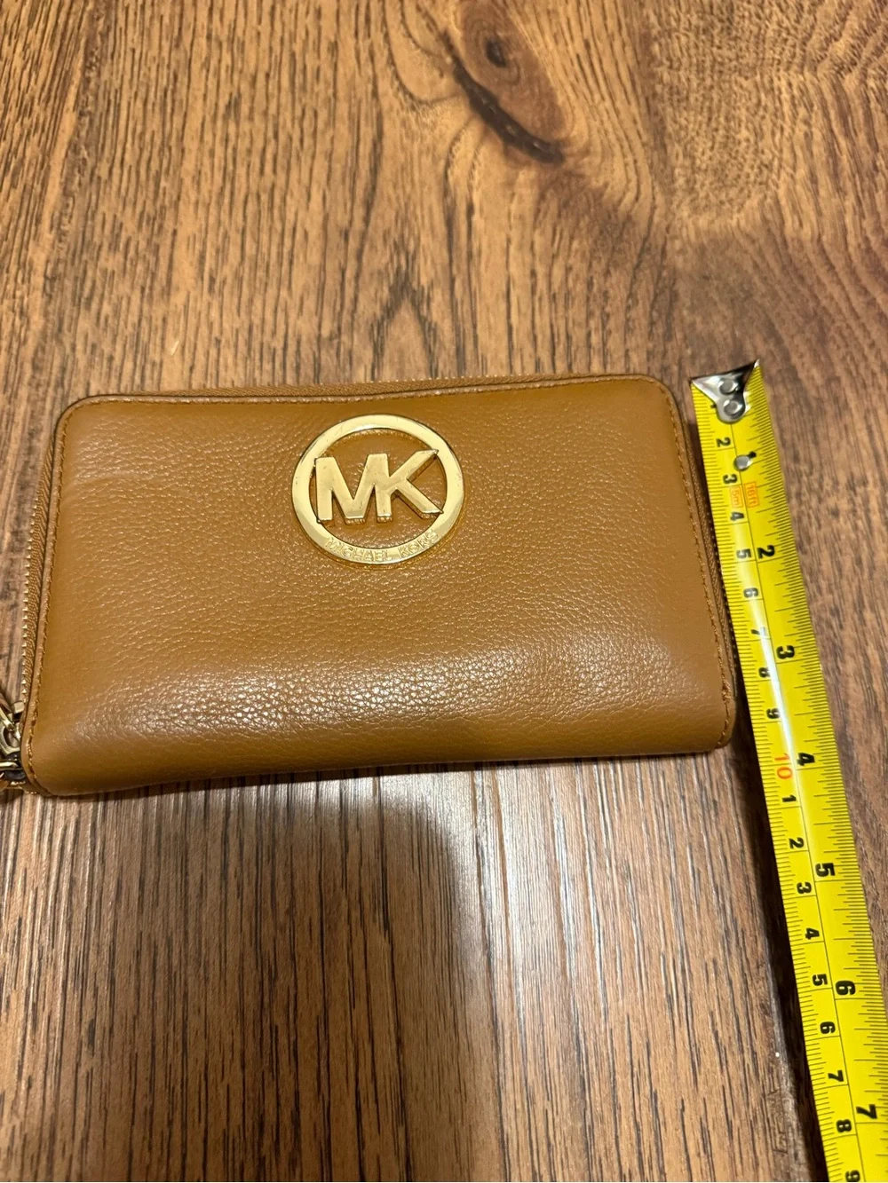 Michael Kors Tan Brown Leather MK Logo Zip Wristlet